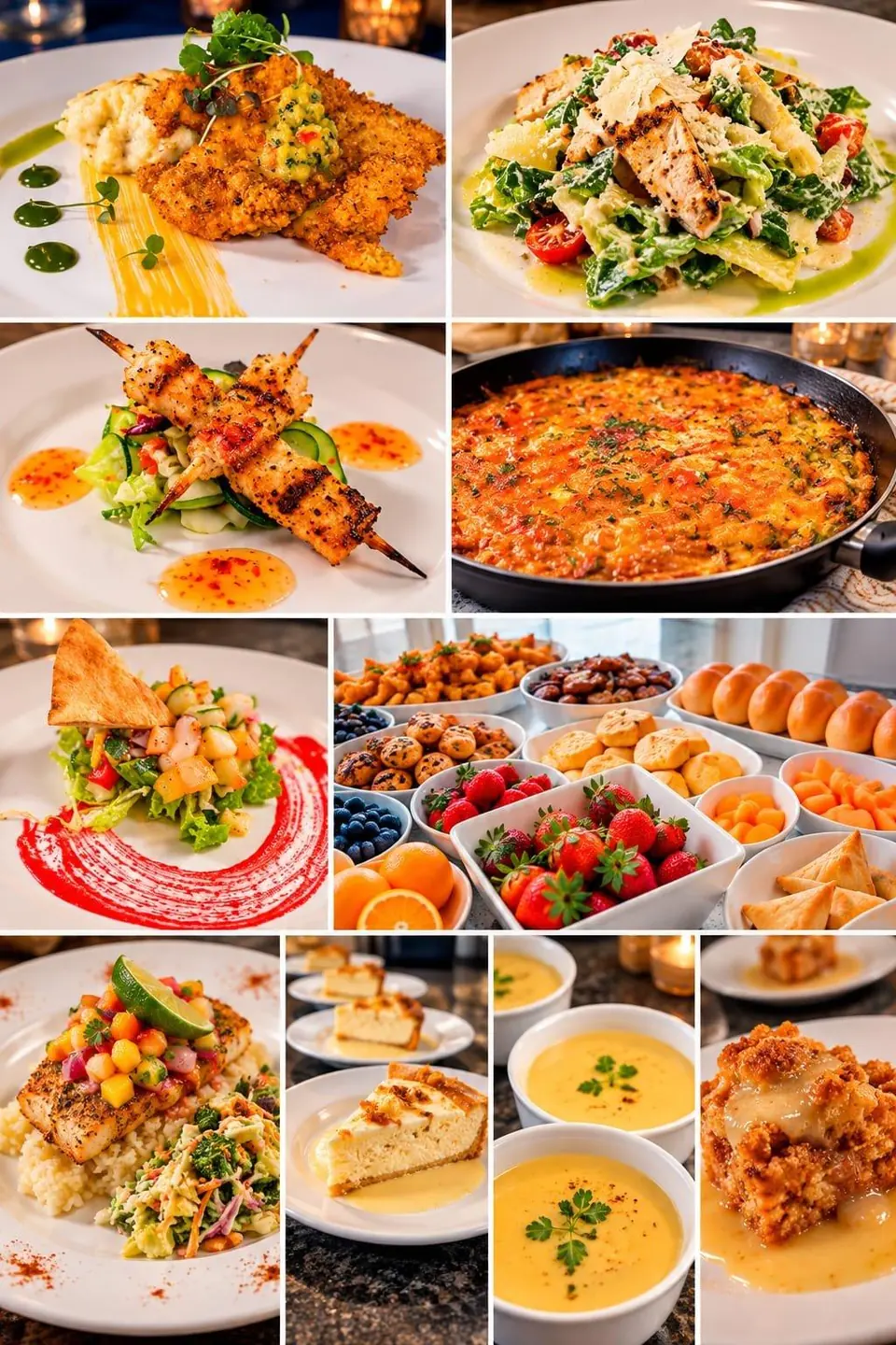 From our chef's kitchen — a collage of dishes made to pop: crumb-crusted entrée with mash, chicken Caesar salad, grilled skewers, a breakfast frittata in the pan, chopped island salad, the breakfast spread, island fish with mango salsa, cheesecake, creamy soups and a warm crumble dessert