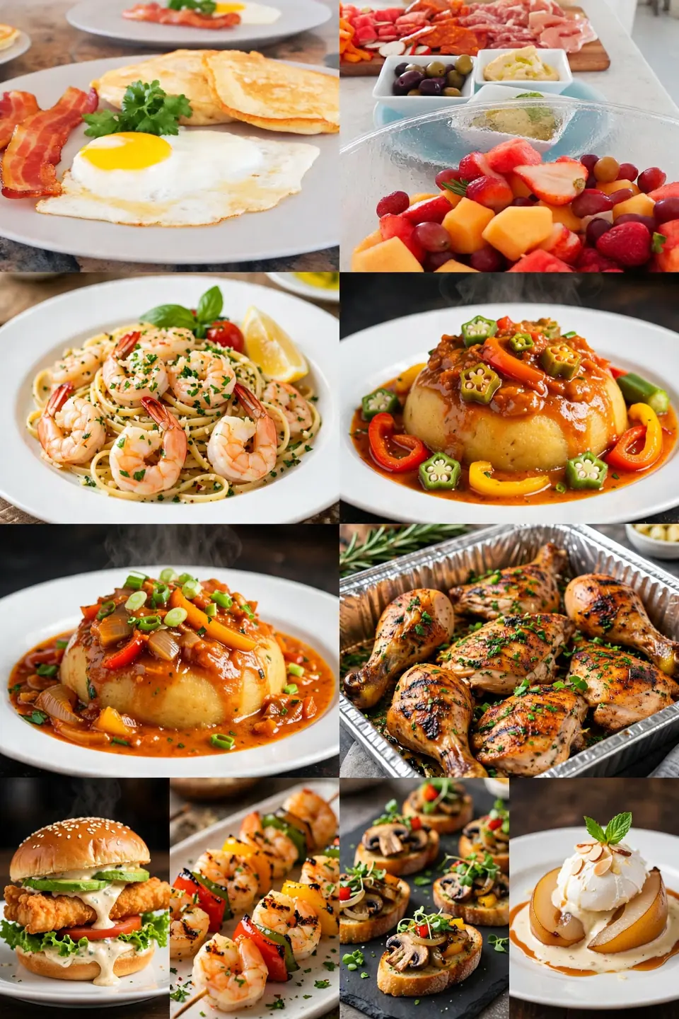More from our chef's kitchen — a collage of dishes made to pop: breakfast with fried egg, bacon and pancakes, a fresh fruit bowl and charcuterie board, shrimp linguine, Bajan cou-cou with saltfish gravy and okra, trays of grilled chicken, a fried fish sandwich, shrimp and pepper skewers, mushroom crostini and a poached pear dessert